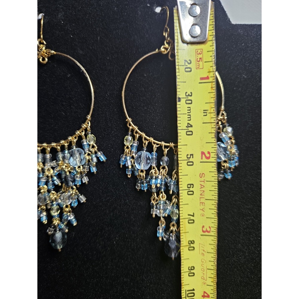 Gold-Tone Wire Wrapped Hoop Chandelier Earrings with Blue Crystal Beaded Fringe - Picture 2 of 2